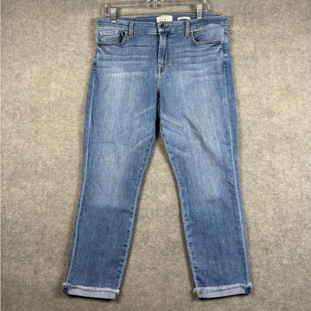 JEN7 by 7 For All Mankind Cropped Skinny Jeans Frayed Hem Size 12 Blue Wash